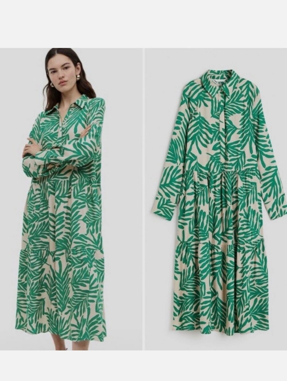 H&M Shirt Dress Green Leaf Print Cottagecore Y2K Retro Flowy